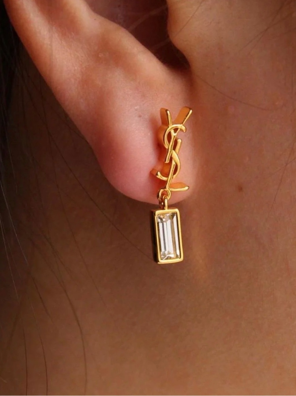 Saint Laurent Gold YSL Logo Drop Earrings with Clear Crystal Baguette